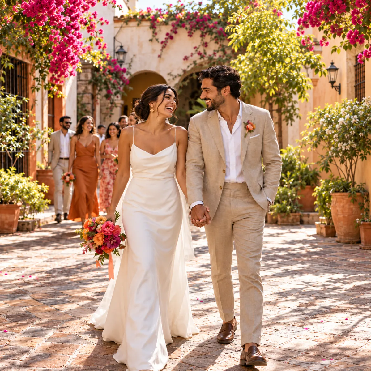 Una pareja de novios camina de la mano por un patio con buganvillas, seguida de sus invitados.