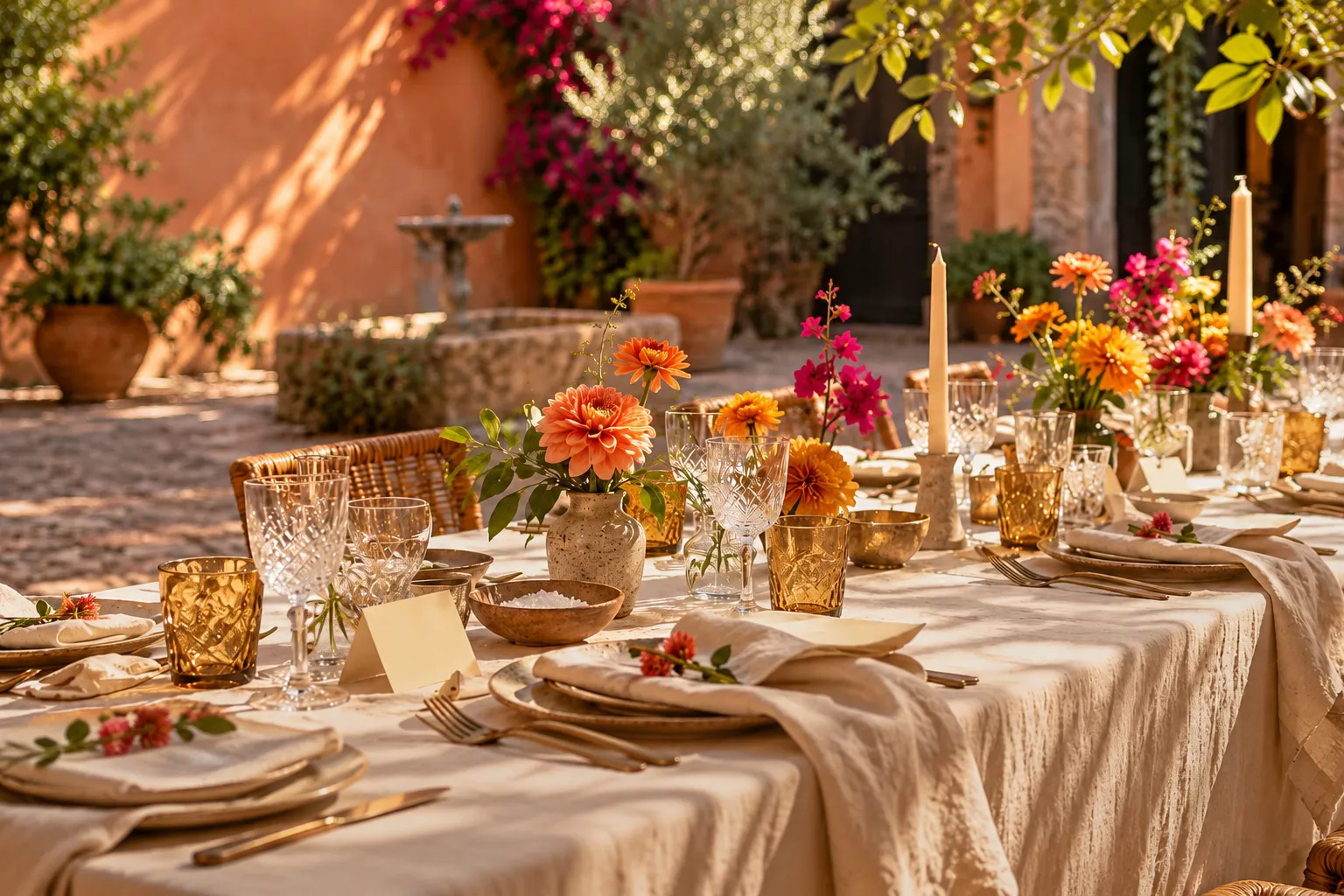 Una mesa de boda en un patio, con flores naranjas y fucsias, velas y copas de cristal.